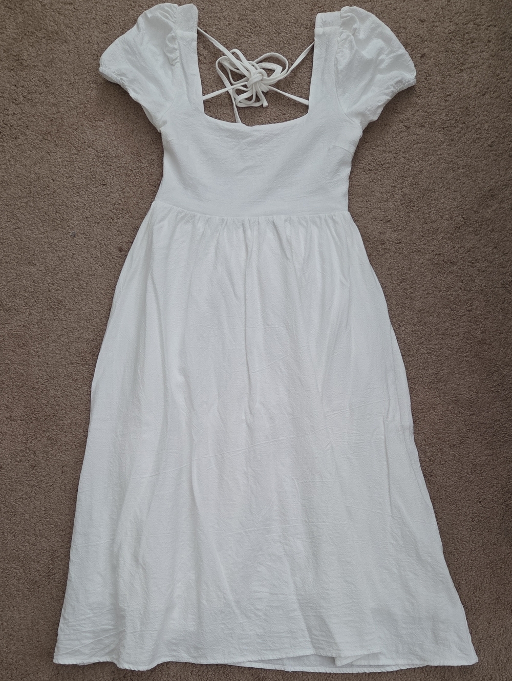 *NWOT* White Puff-Sleeve Tie-Low Back Midi Dress - 100% Cotton Linen